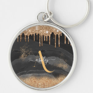 Gold Dripping Glitter Monogram Custom Metallic Keychain