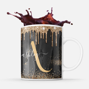 Gold dripping glitter monogram custom metallic mug