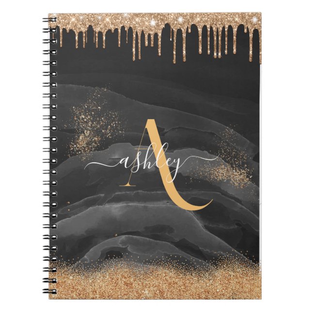 Gold Dripping Glitter Monogram Custom Metallic Notebook (Front)