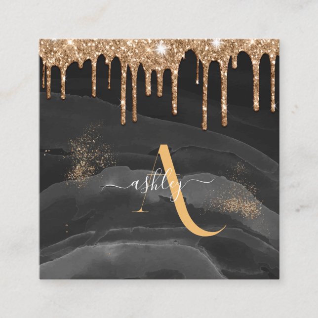 Gold Dripping Glitter Monogram Custom Metallic Square Business Card (Front)