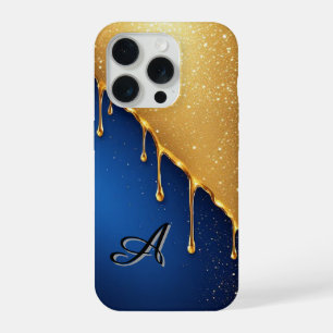 Gold Dripping Paint Over Deep Blue Background iPhone 15 Pro Case