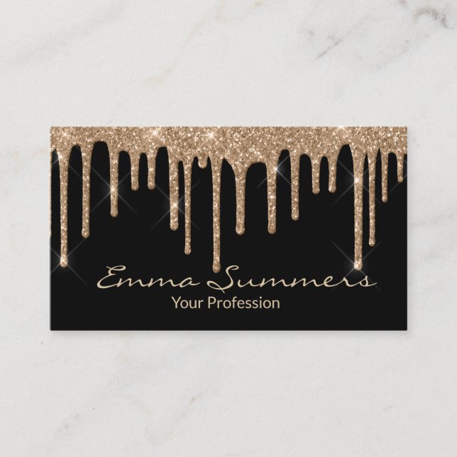 Gold Drips Black Elegant Unique Custom Business Card (Front)