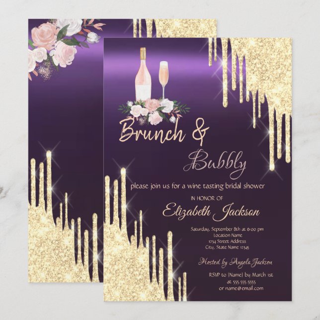 Gold Drips Brunch & Bubbly Purple Bridal Shower   Invitation (Front/Back)