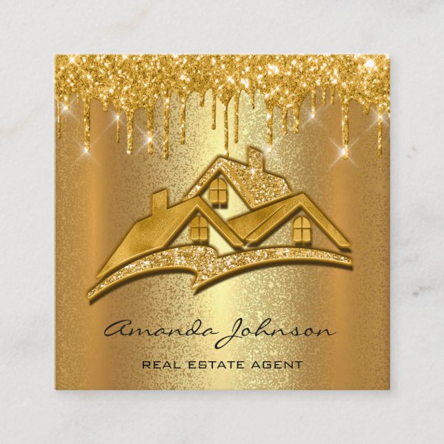 Gold Drips Custom Logo House Real Estate Agent Square Business Card (Front)