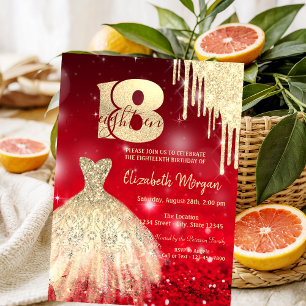  Gold  Drips Dress Red Bokeh 18th Birthday  Invitation