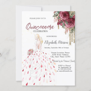 Gold Drips,Dress,Watercolor Roses Quinceanera  Invitation