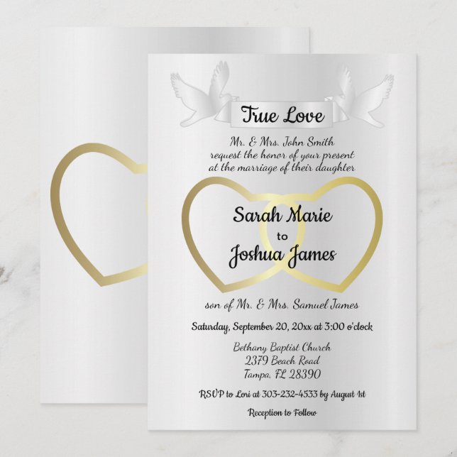 Gold Dual Heart Wedding Invitation (Front/Back)