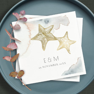 GOLD DUSKY BLUE BEACHY STARFISH MONOGRAM WEDDING  NAPKIN