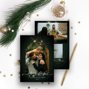Gold Dust 3-Photo Pine Green Merry Christmas Holiday Card