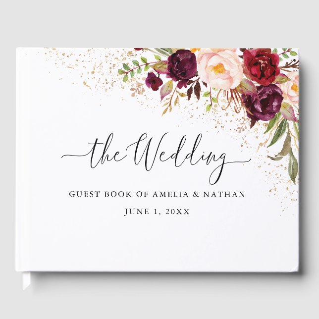 Gold Dust Burgundy Floral Wedding Guest Book (Front)