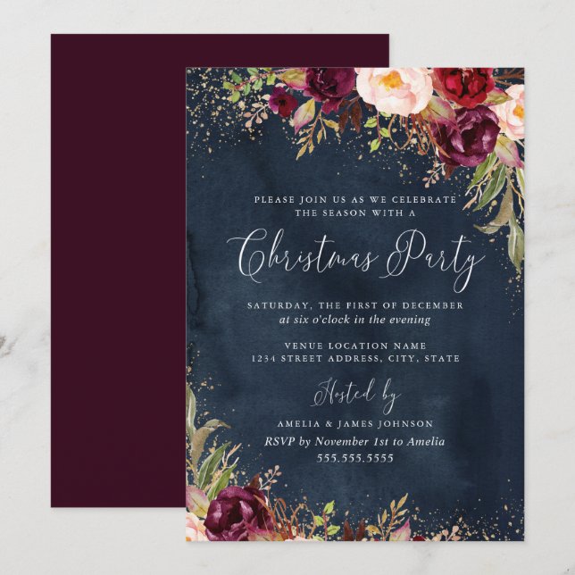 Gold Dust Burgundy Navy Floral Christmas Invitation (Front/Back)