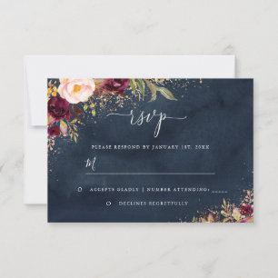 Gold Dust Burgundy Navy Floral RSVP Card