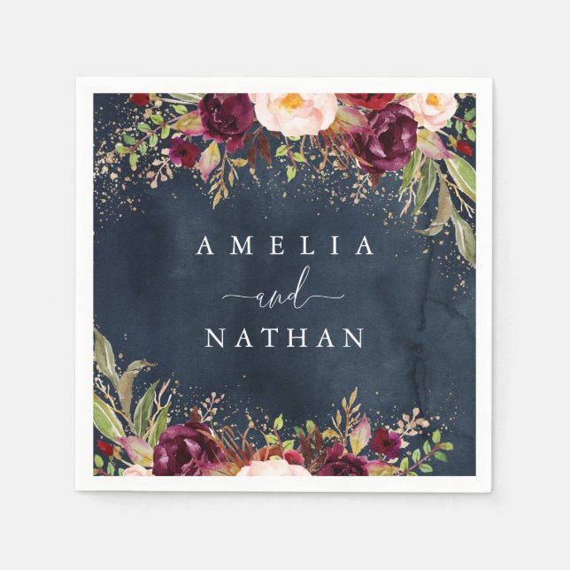 Gold Dust Burgundy Navy Floral Watercolor Wedding Napkin (Front)