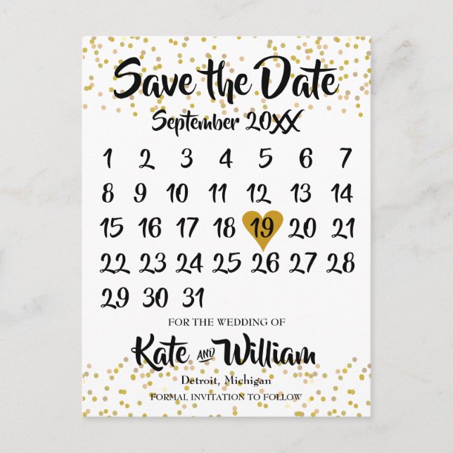 Gold Dust Confetti Calendar Save the Date Photo Announcement Postcard (Front)