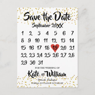 Gold Dust Love Heart Calendar Save the Date Announcement Postcard