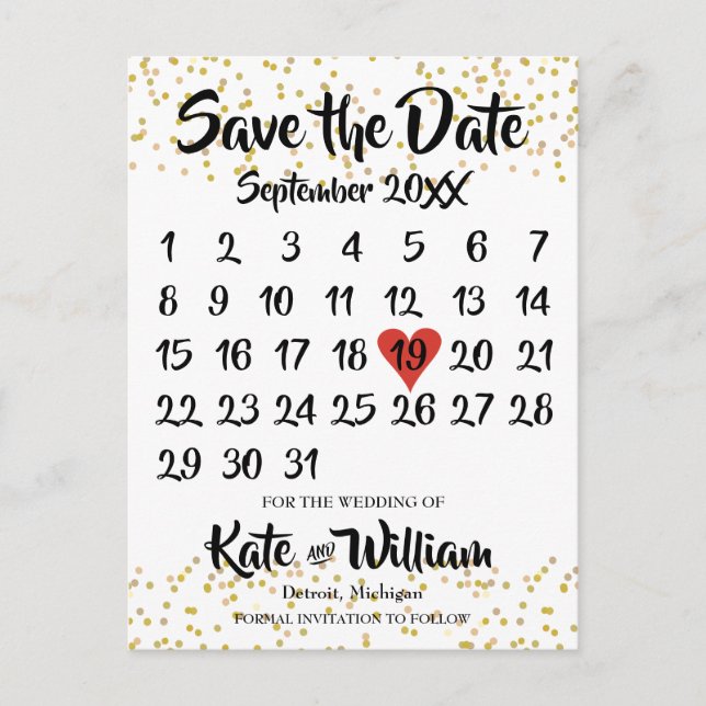 Gold Dust Love Heart Calendar Save the Date Announcement Postcard (Front)