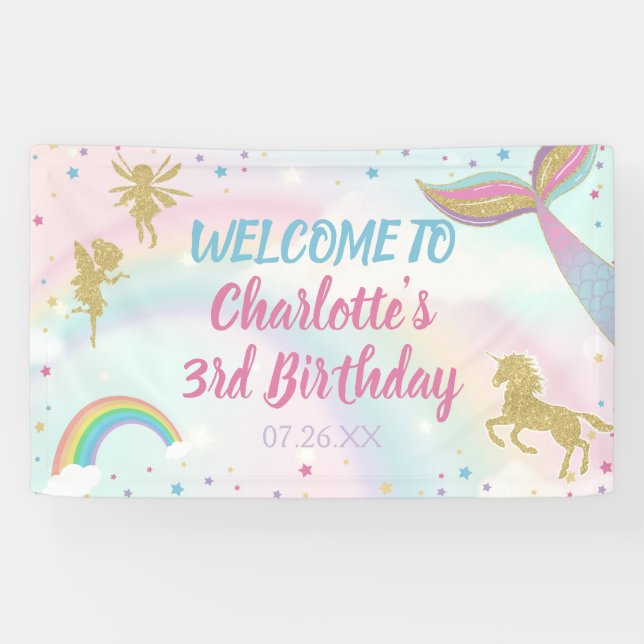 Gold Dust Magical Unicorn Fairy Mermaid Birthday  Banner (Horizontal)