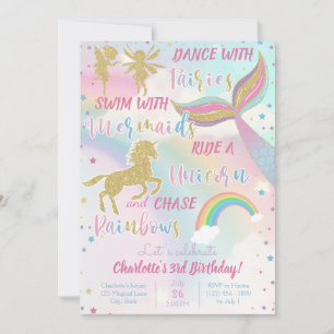 Gold Dust Magical Unicorn Fairy Mermaid Birthday Invitation