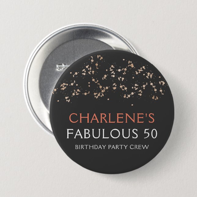 Gold Dust on Black Fabulous 50 Birthday Party 3 Inch Round Button (Front & Back)