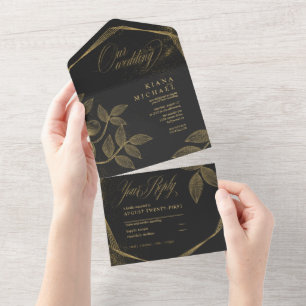Gold Dust & Outlines Wedding Black/Gold ID835 All In One Invitation