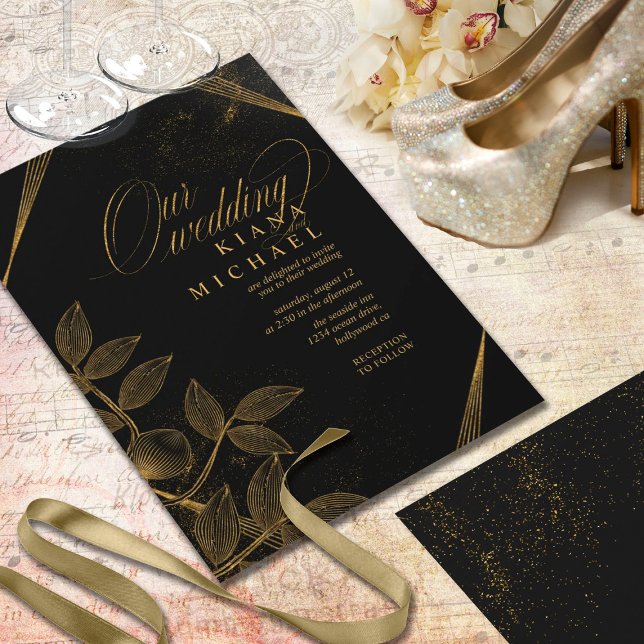 Gold Dust & Outlines Wedding Black/Gold ID835 Invitation (Creator Uploaded)