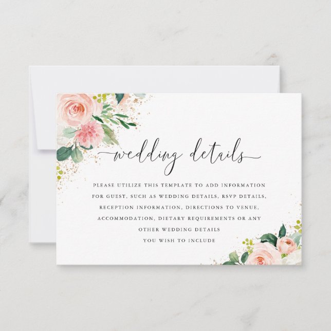 Gold Dust Peach Blush Floral Wedding Details Card (Front)