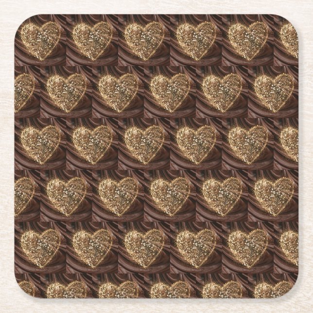 Gold Dusted Heart on chocolate fudge background Square Paper Coaster (Front)