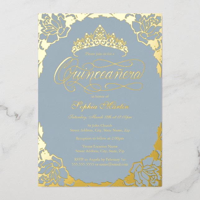 Gold Dusty Blue Elegant Script Quinceanera  (Front)