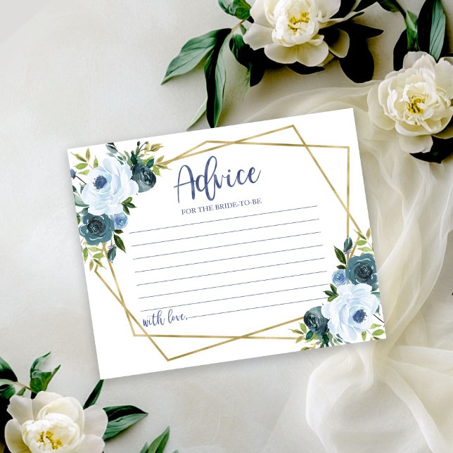 Gold Dusty Blue Floral Bridal Shower Advice Card (Creator Uploaded)