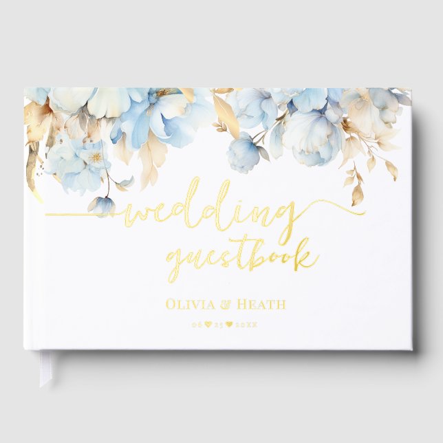 Gold Dusty Blue Floral Wedding Guest Book (Front)