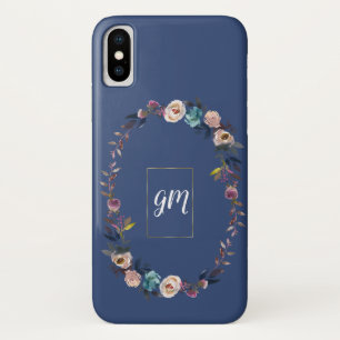Gold Dusty Blue Misty Rose Floral Wreath Monogram Case-Mate iPhone Case
