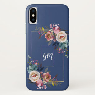 Gold Dusty Blue Misty Rose Flowers Monogram Case-Mate iPhone Case