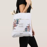 Gold Dusty Blue Pink Floral Bloom Wedding Tote Bag<br><div class="desc">Elegant design with delicate dusty blue, misty rose watercolour floral bouquets, a faux gold foil wedding celebration typography, on a white background; on the back a navy blue background. A great choice for all seasons weddings, especially for fall, or winter weddings. Use Customize tool to add your info and change...</div>
