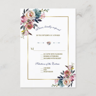 Gold Dusty Blue Pink Floral   Wedding RSVP Card
