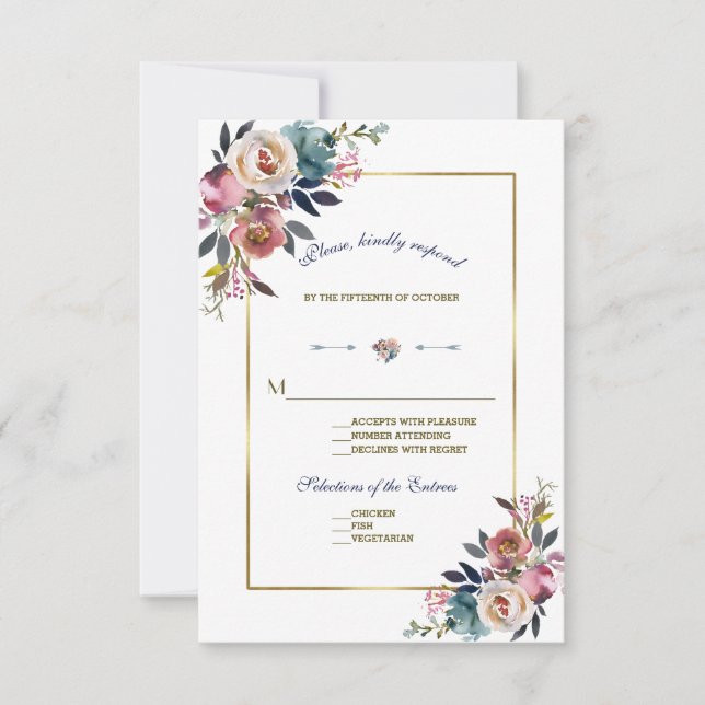 Gold Dusty Blue Pink Floral | Wedding RSVP Card (Front)