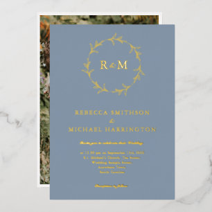 Gold Dusty Blue Wreath Monogram Wedding