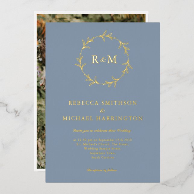 Gold Dusty Blue Wreath Monogram Wedding (Front/Back)