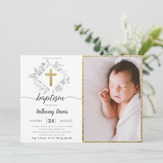 Gold Dusty Grey Baptism Invitation With Photo (Standing Front)