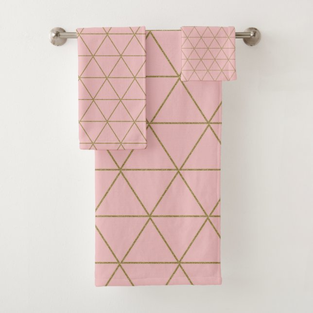 Gold Dusty Mauve Geometric Triangles Boho Glam  Bath Towel Set (Insitu)