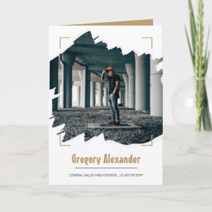 Gold Edgy Abstract Brushstroke Photo Graduation Invitation