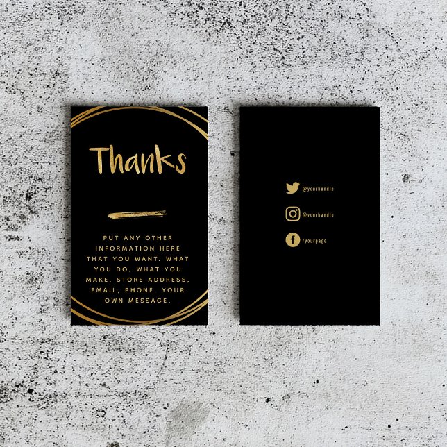 Gold effect, black thank you social links enclosure card (Black insert card that says "thanks" in fun gold text with gold rings and social media details.)