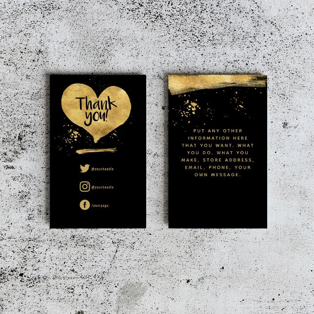 Gold effect heart insert Card for orders. (A black insert card with a gold heart saying "Thank you" and social media details beneath it.)