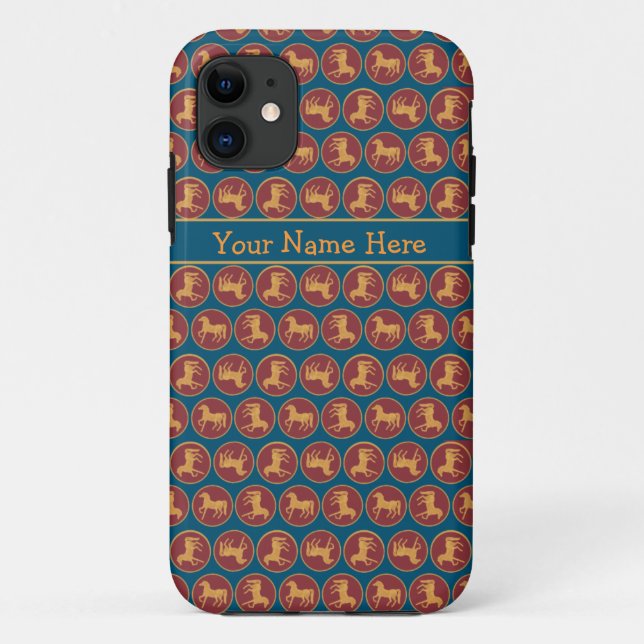 Gold-effect Horses on Deep Red and Dark Blue Case-Mate iPhone Case (Back)
