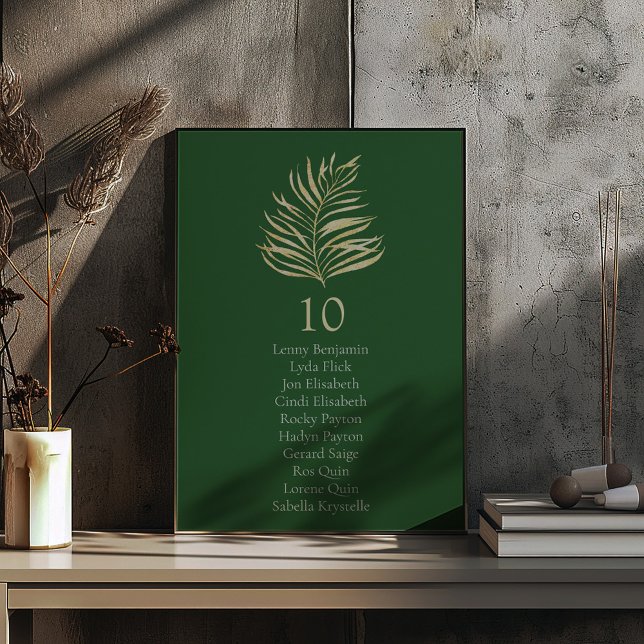 Gold effect palm leaves Table Number Seating Chart (Pretty gold effect palm leaves with green background wedding reception party table number plant)