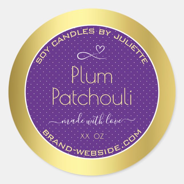 Gold Effect Purple Plum Soy Candles Packaging Classic Round Sticker (Front)
