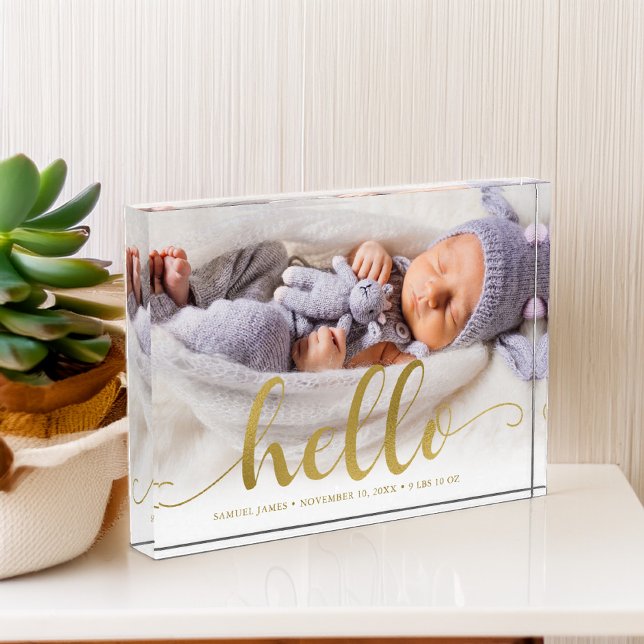 Gold Effect Script Lettering "Hello" Baby Photo Block (Creator Uploaded)