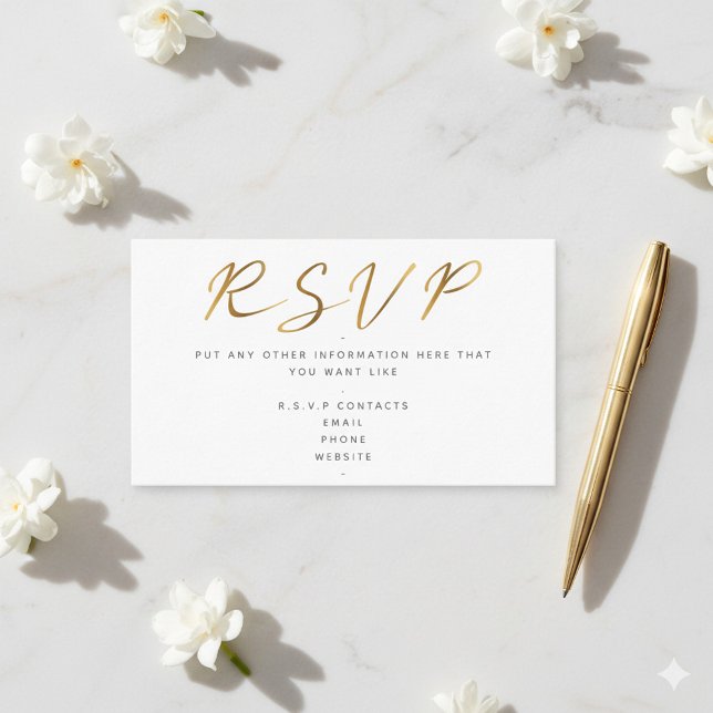 Gold effect script, RSVP white Enclosure Card (Gold and white wedding R.S.V.P enclosure card.)