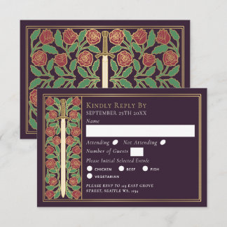 Gold Eggplant Medieval Floral Sword Wedding RSVP
