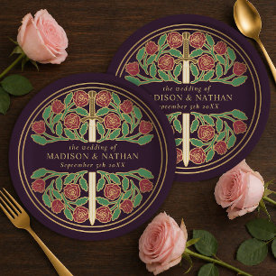Gold Eggplant Royal Medieval Floral Sword Wedding Paper Plate