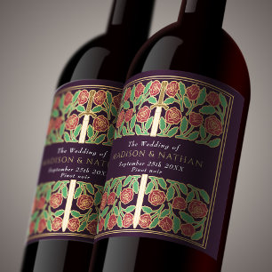Gold Eggplant Royal Medieval Floral Sword Wedding Wine Label